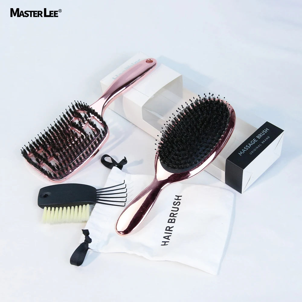 Luxury Hair Care Set Salon Home Gift Rose Gold Vented Boar Bristle Massage Detangling Hair Brush with Craft Paper Box and Pouch
