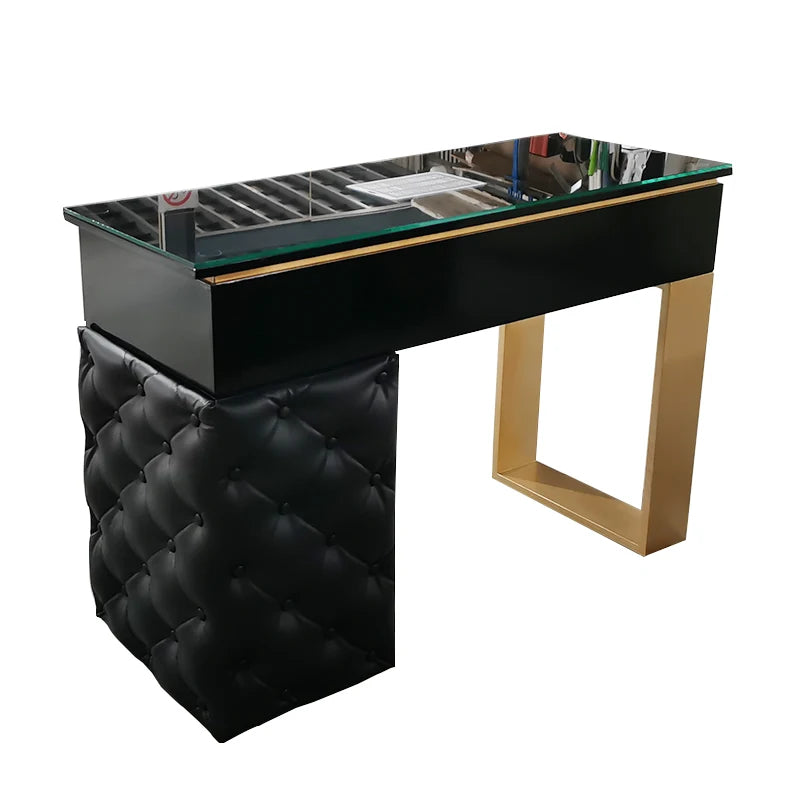 Luxury Black PU Tufted Leather Glass Top Nail Salon Double Manicure Table Wooden Gold Saloon Nail Table