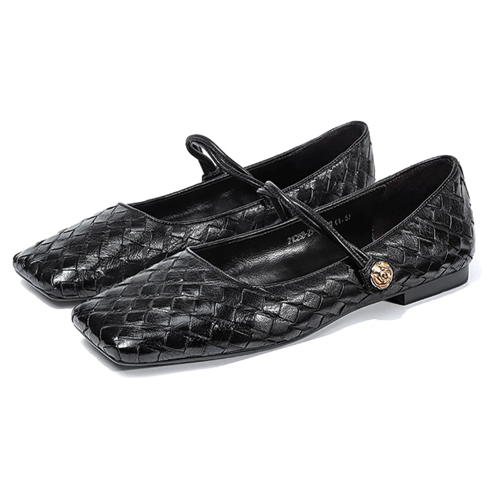 2024 Spring New Fashion Women's Sheepskin Leather Mary Jane Woven Single Comfortable Shoes Breathable Ballet Flats for Summer