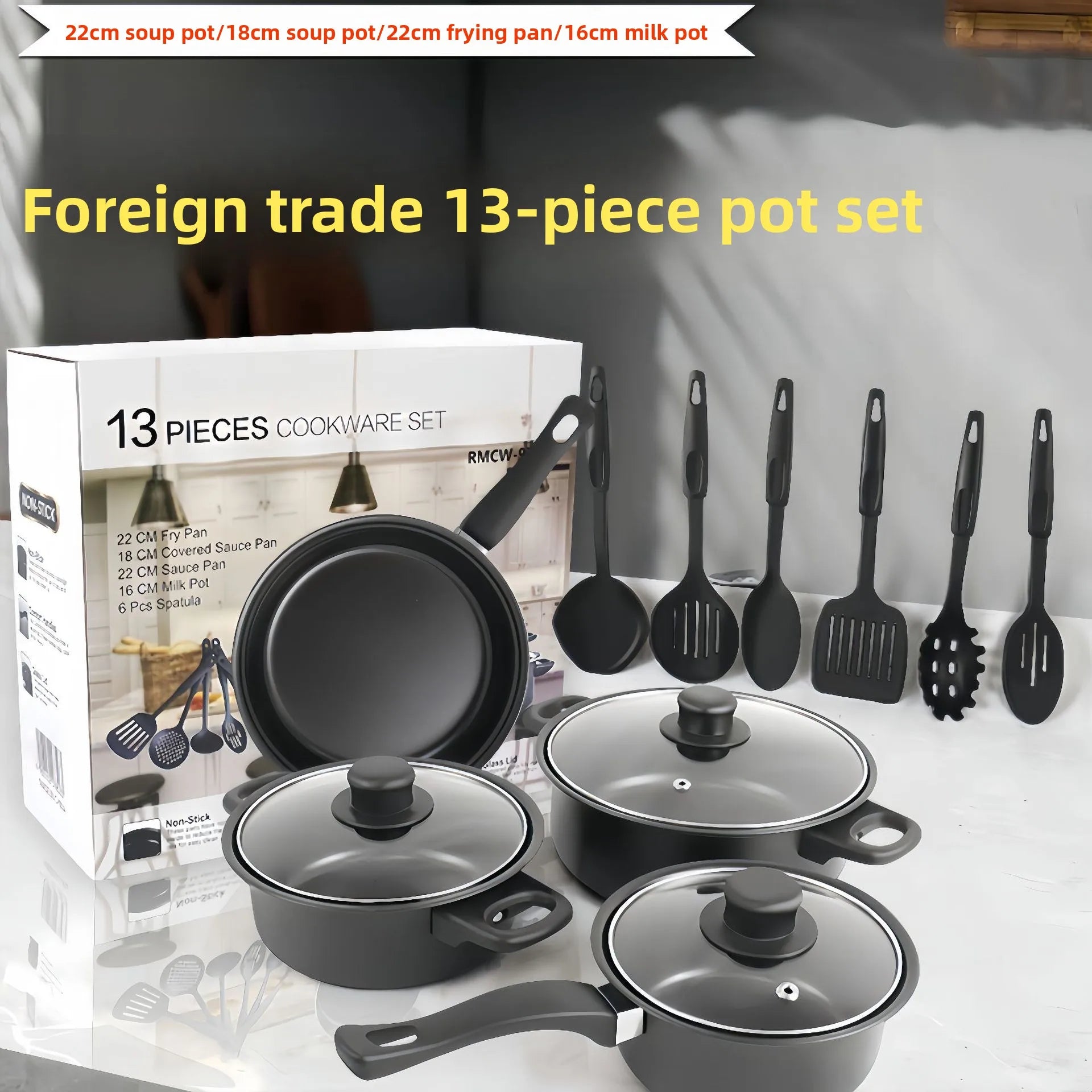 J14 13-Piece Non-Stick Cast Iron Cookware Set Portable Lightweight Glass Lids Stainless Steel Induction Nylon Utensils Included