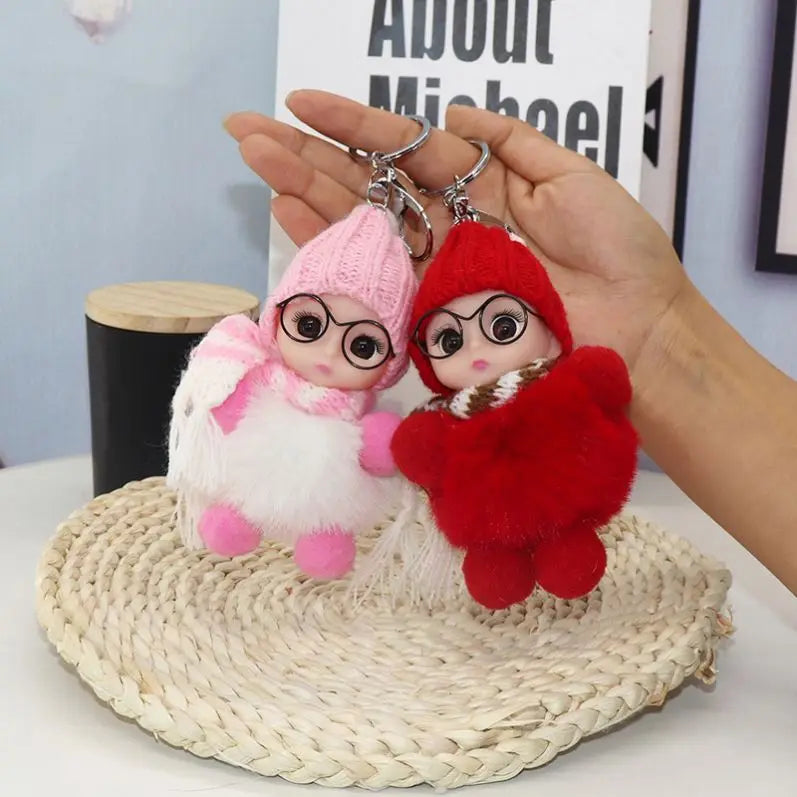 Kawaii Glasses Scarf Sleeping Baby Doll Keychain Plushie Doll Rabbit Fur Plush Pom Pom Sweet Cute Baby Sleeping Keychain Pendant