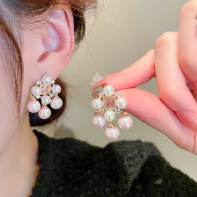 Delicate Jewelry Gold Plated Pink Pearl Tassel Earrings Cubic Zirconia CZ Square Fancy Drop Earrings for Women