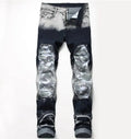 Men's Retro Ripped Patch Jeans Printed Pattern Skinny Biker Denim Pants Hip Hop Skinny Patchwork Jean Trousers