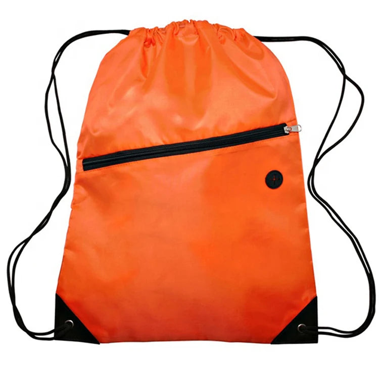 Custom Logo Printed Heavy Duty MOQ 100PCS Eco Polyester Drawstring Bag with Front Zipper Lock