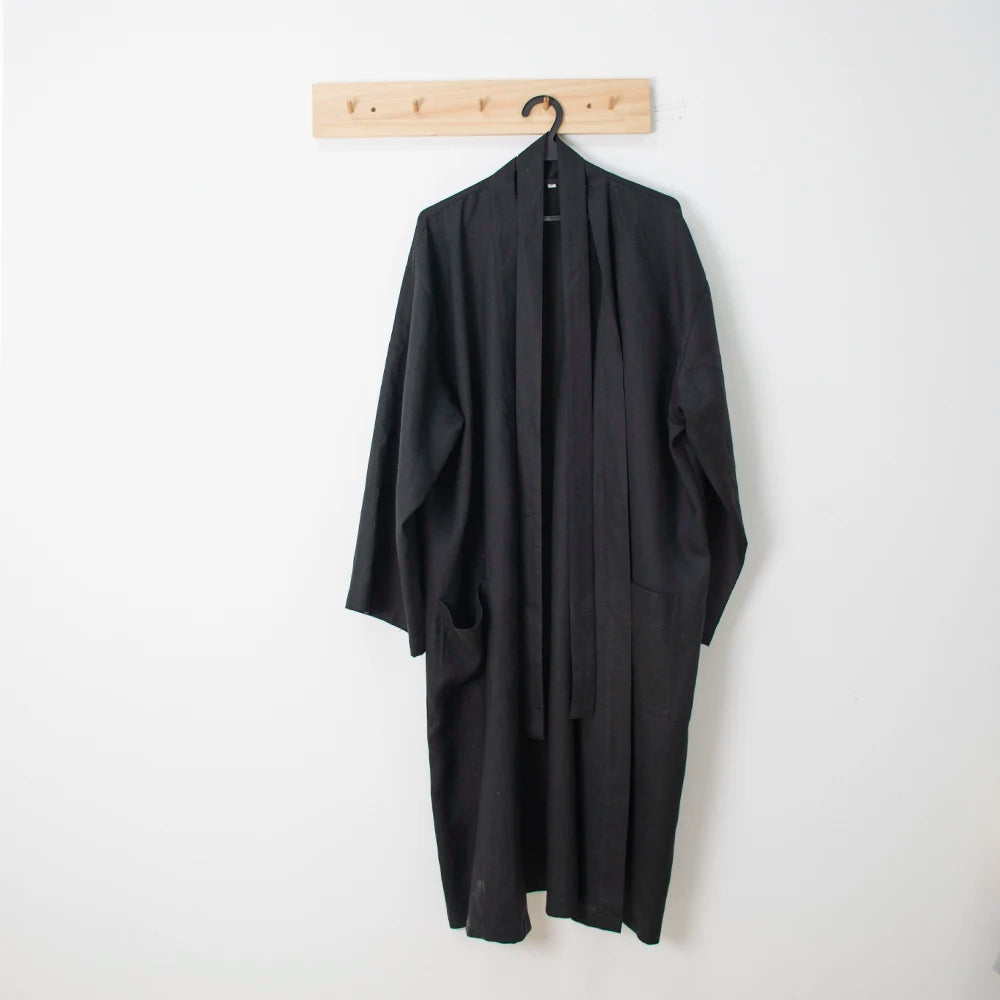 Summer Short Sleeve Belted Unisex Black Sustainable Linen Bathrobe 100% Linen Beach Kimono