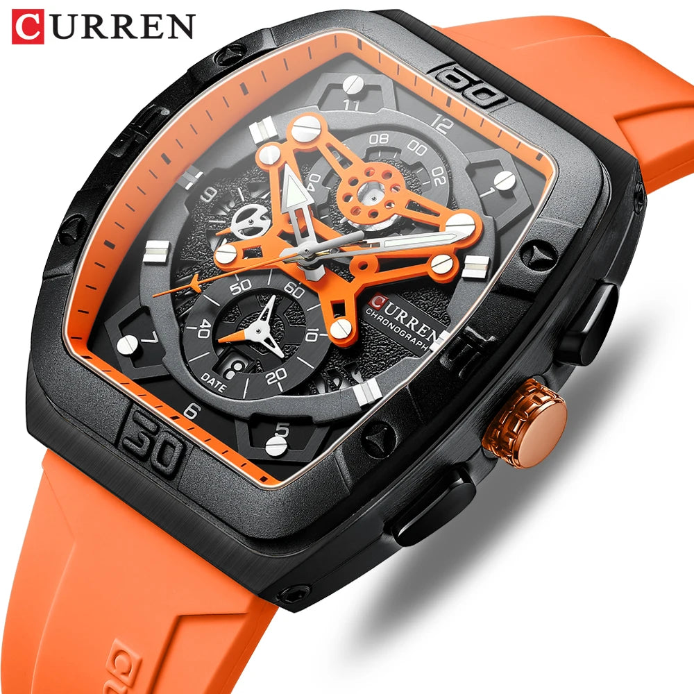 CURREN 8443 Brand Men Unique Tonneau Watches with Large Dial Casual Quartz Silicone Strap Wrist Watches with Luminous