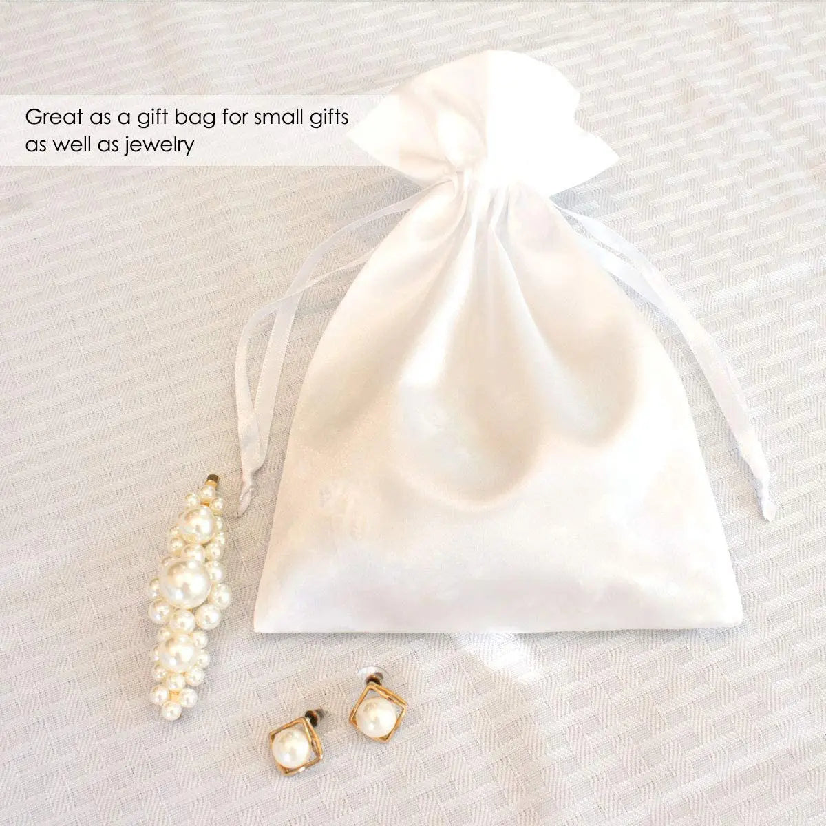 Custom Small White Gift Lightweight Rectangle Silk Satin Drawstring Jewelry Pouch Bags Packaging with Logo MHC Brand OEM Welcome
