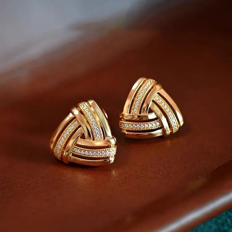 925 Sterling Silver Huggie Earrings with 18K Gold Plated Zircon Triangle Knot Stud Trendy Rose Gold Wedding/Party Gift Idea