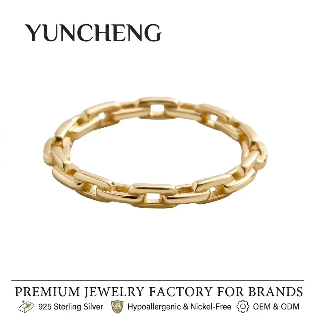 YUNCHENG Custom Jewelry Fine Jewelry 18K Gold Plated 925 Sterling Silver Hunter Link Chain Shaped Ring Jewelry for Women