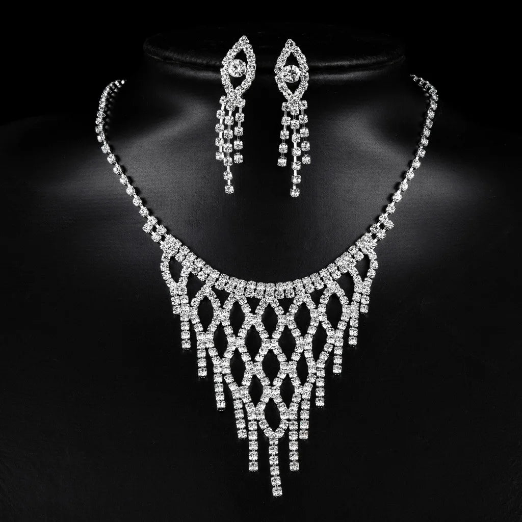 Exquisitely Full Rhinestone Tassel Necklace Earring Clavicle Chain Set 3-Piece Luxury Female Jewelry for Bridal Wedding