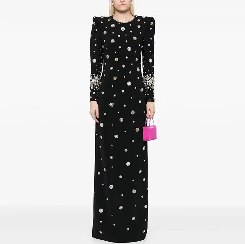 RNSHANGER New Arrival Women's Beaded Rhinestone Evening Maxi Dress Heavy Industry Long Sleeve Formal Natural Waist Washable