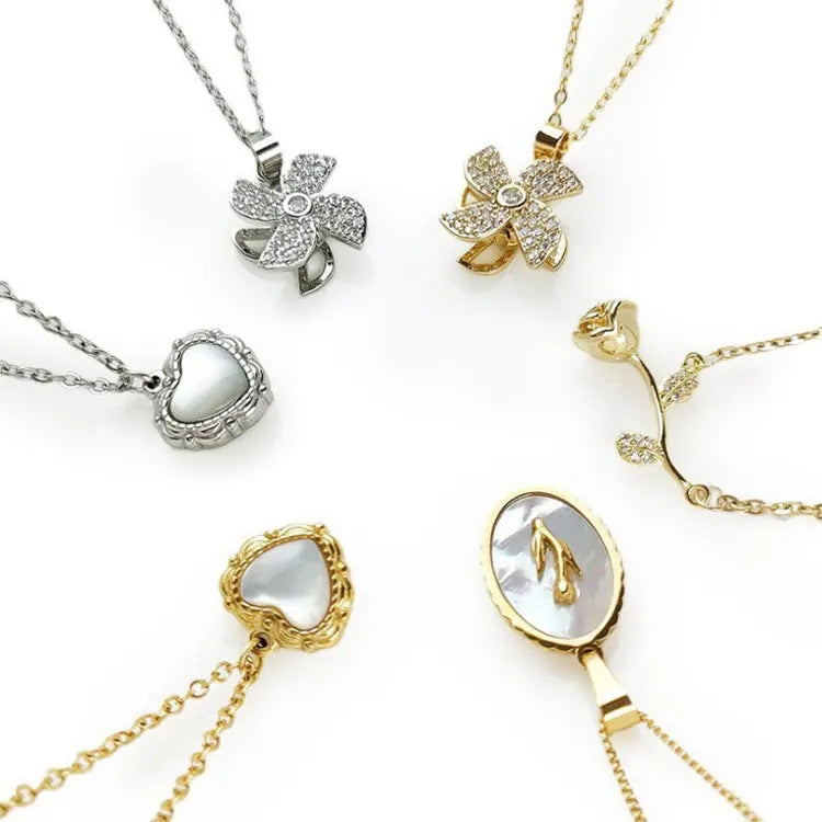 SC Fashion 18K Gold Plated Stainless Steel Necklace Inlaid Natural Shell Rotating Windmill Rose Flower Heart Necklace for Women