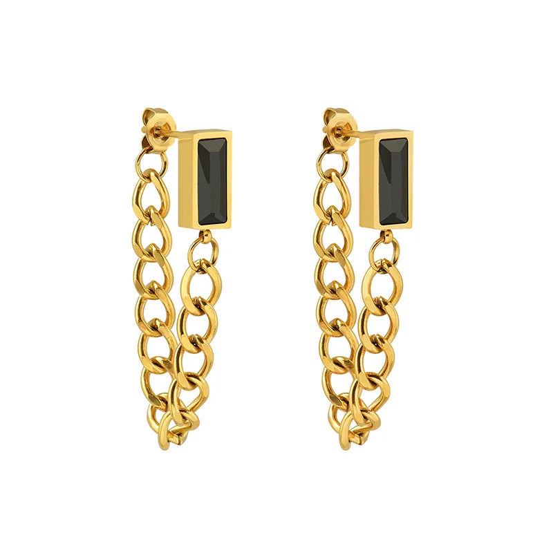 JOOLIM High End 18K Gold Plated Rectangle Green Black Zirconia Link Chain Tassel Drop Earrings Stainless Steel Gold Jewelry