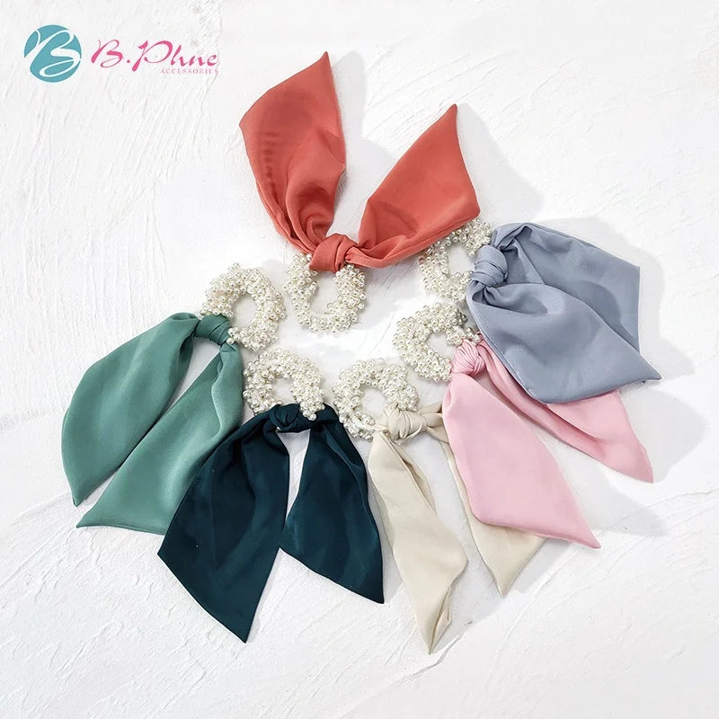 Wholesale Korean Girl Hair Accessories Elastic Hair Bands Pearl Ribbon Chiffon Hair Scrunchies for Women