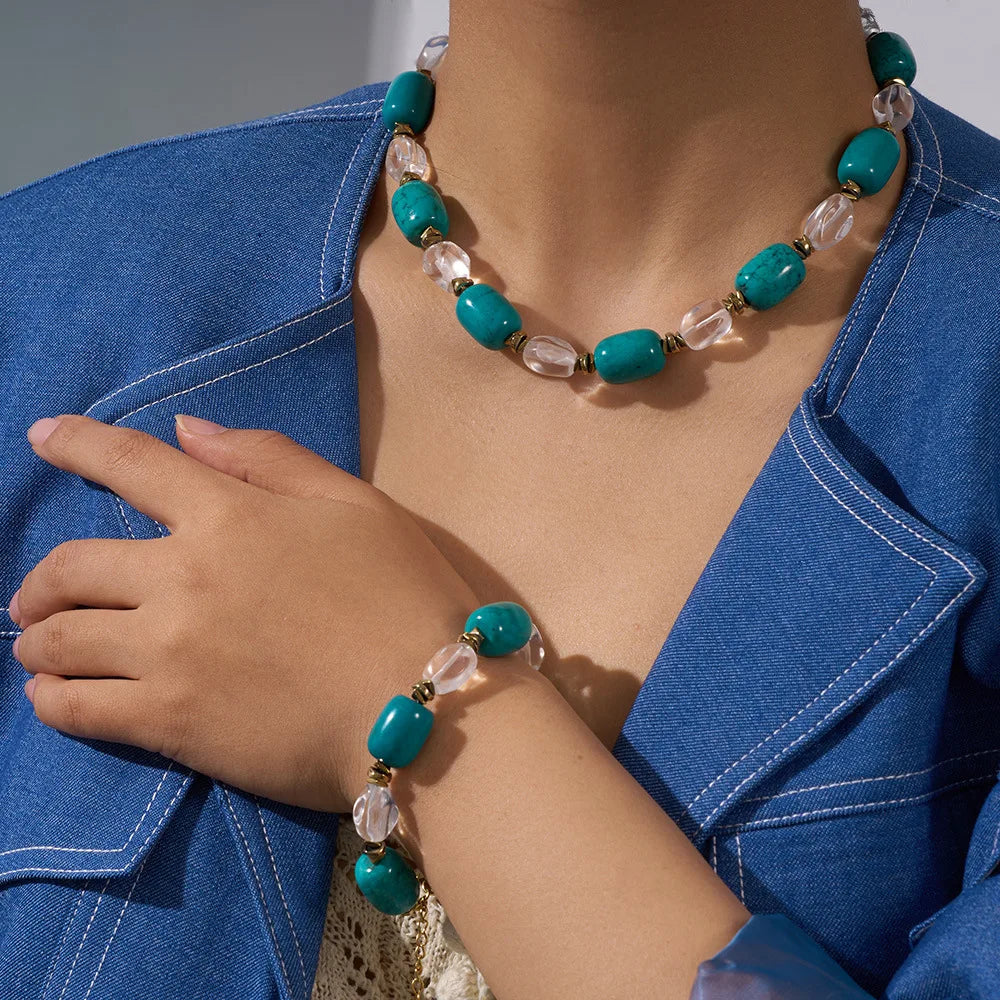 Handmade Chunky Big Beads Natural Stone Turquoise Choker Necklace Bracelet White Agate Blue Stone Turquoise Necklace Jewelry Set