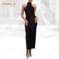 Custom Ladies Long Evennig Clothing Halter Slit Satin Drape Back Pure Color Slim Elegant Party Maxi Fashion Dinner Dresses Women