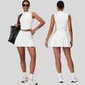 Women's Slimming Back Shaping Safety Sports Tennis Skirt with Flounced Sleeve Vest Small Turtleneck Yoga Suit-for Adults