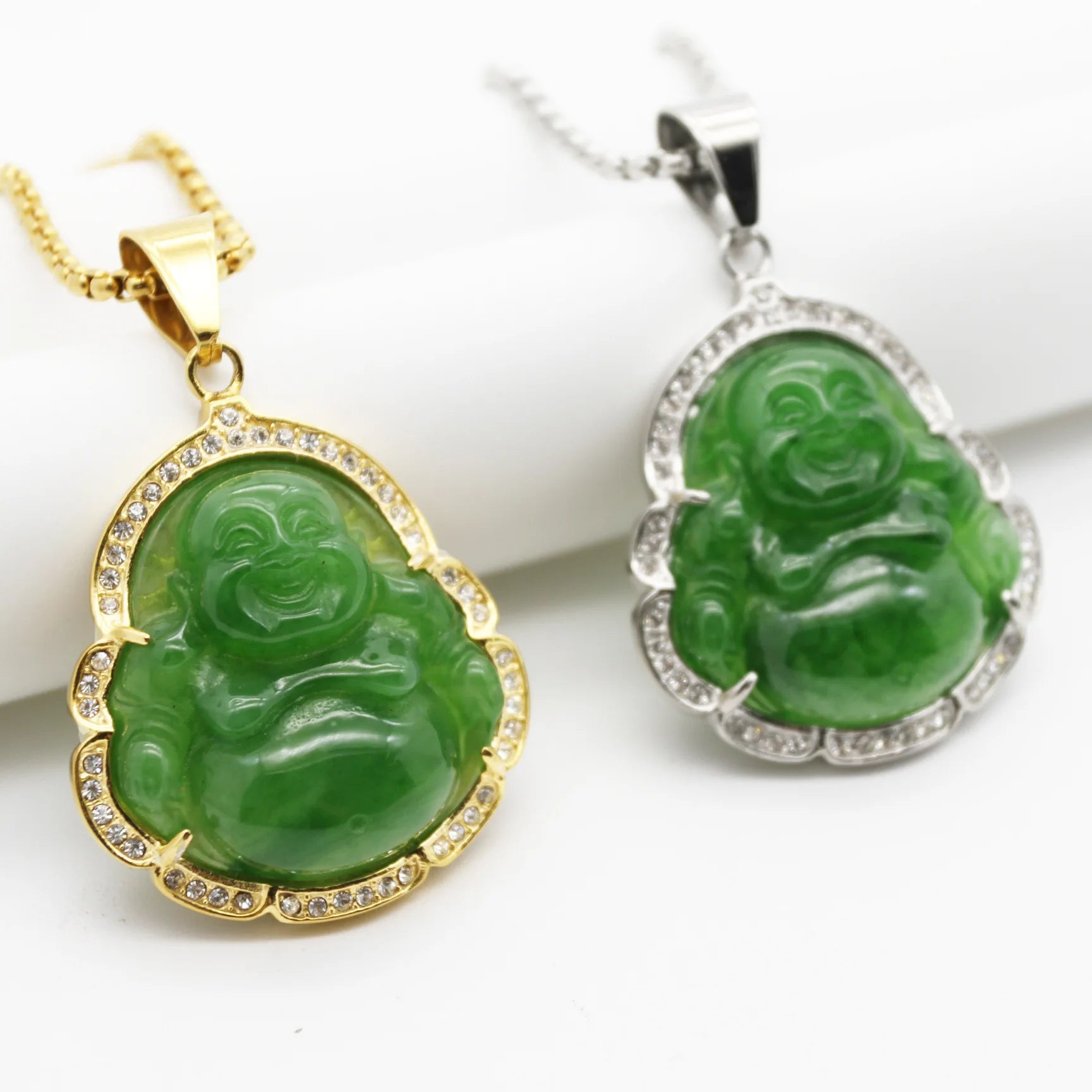 New Stainless Steel Green Agate Laughing Buddha Pendant Necklace