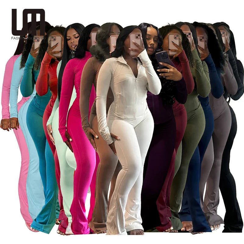 2025 Liu Ming Custom Logo Women's Sports Two Piece Set Long Sleeve Zipper Jacket Tops Ankle-Length Trousers Pants Solid Casual