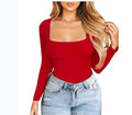 Women's European Style Casual Solid Color Spandex Blend Square Collar Long Sleeve T-Shirt Quick Dry & Breathable