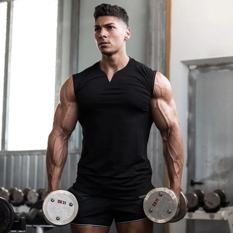 Men's Casual Cotton Sleeveless T-Shirt Small V-Neck Sports Vest for Summer Bodybuilding Fitness Training Top for Running