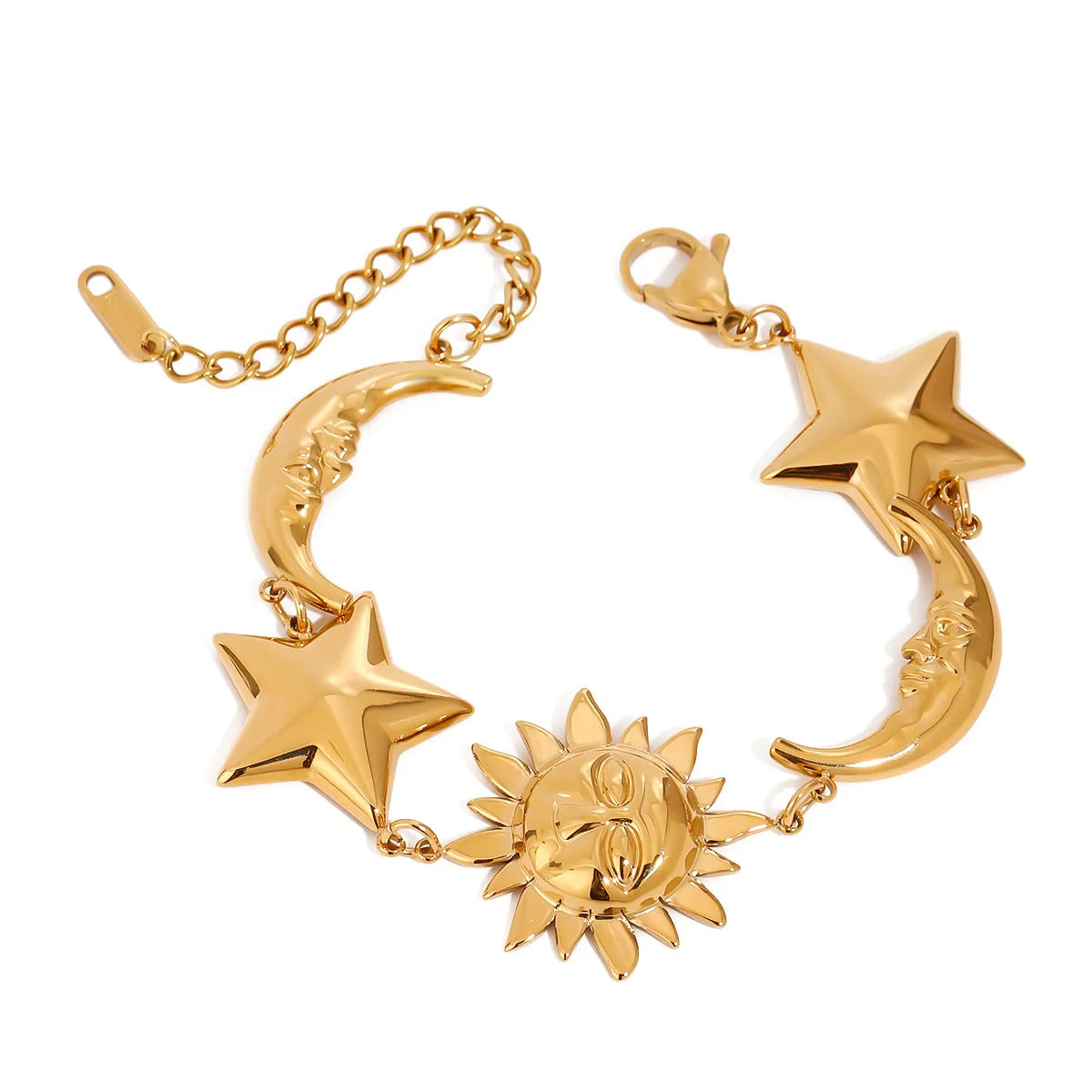 N&S Women's Unique 18K Gold Stainless Steel Star and Moon Charm Bracelet Adjustable Length 17+5CM for Anniversary