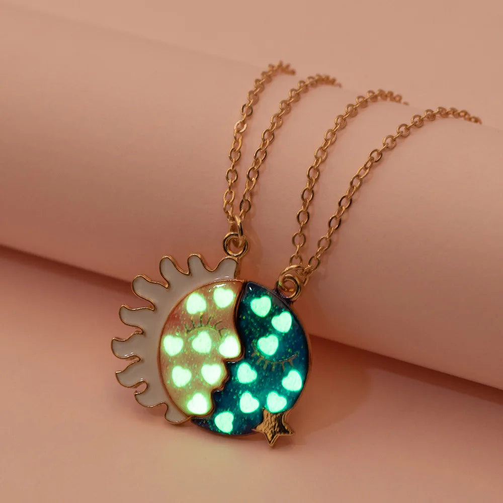 2Pcs/Set Luminous Enamel Moon Sun Bff Necklaces Best Friend Forever Jewelry Magnetic Pendant Necklace for Girls Kids