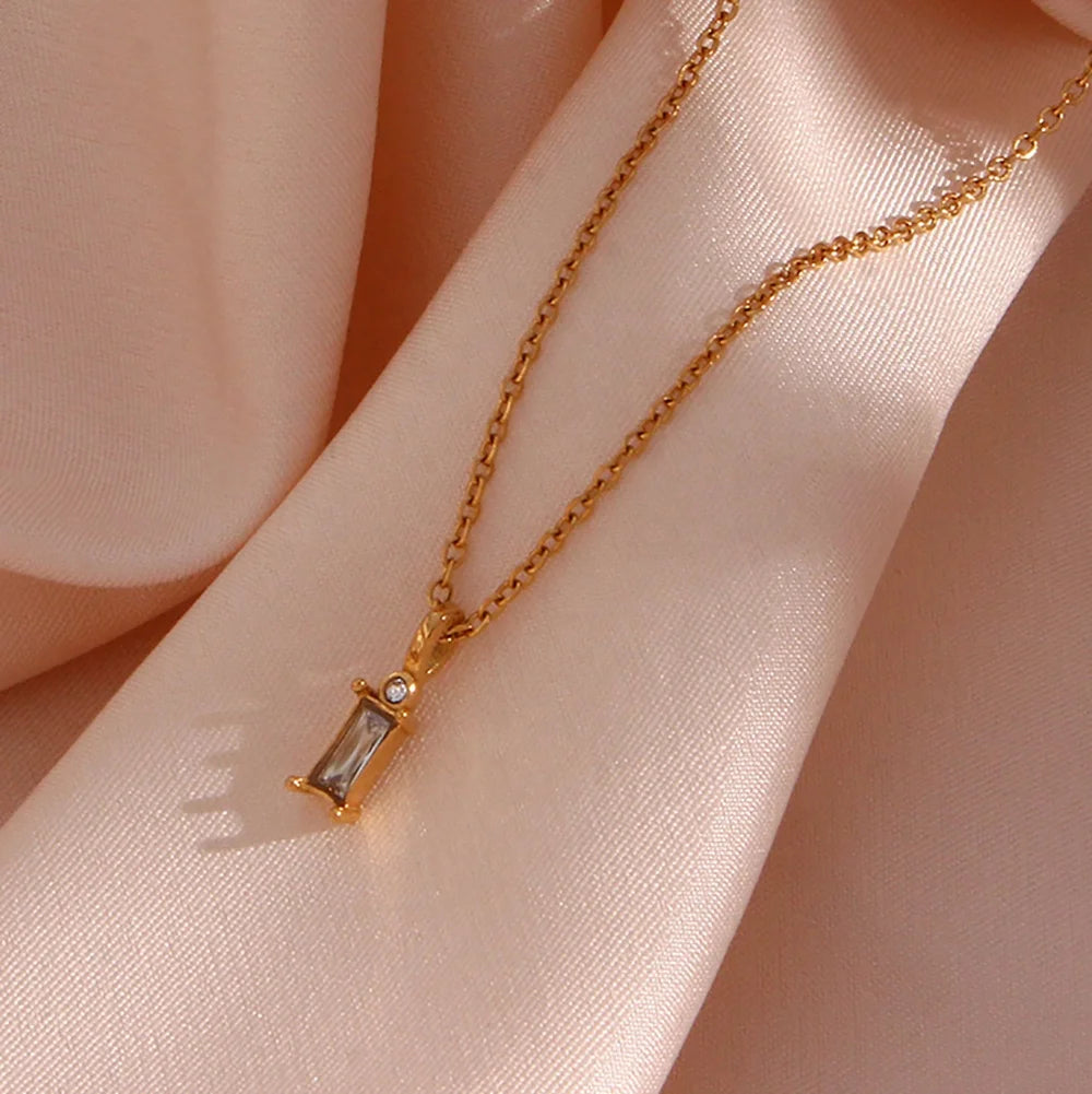 Dreamshow Mini Square Clear Zircon Pendant Necklace 18K Gold Plated Stainless Steel Necklace Jewelry for Women