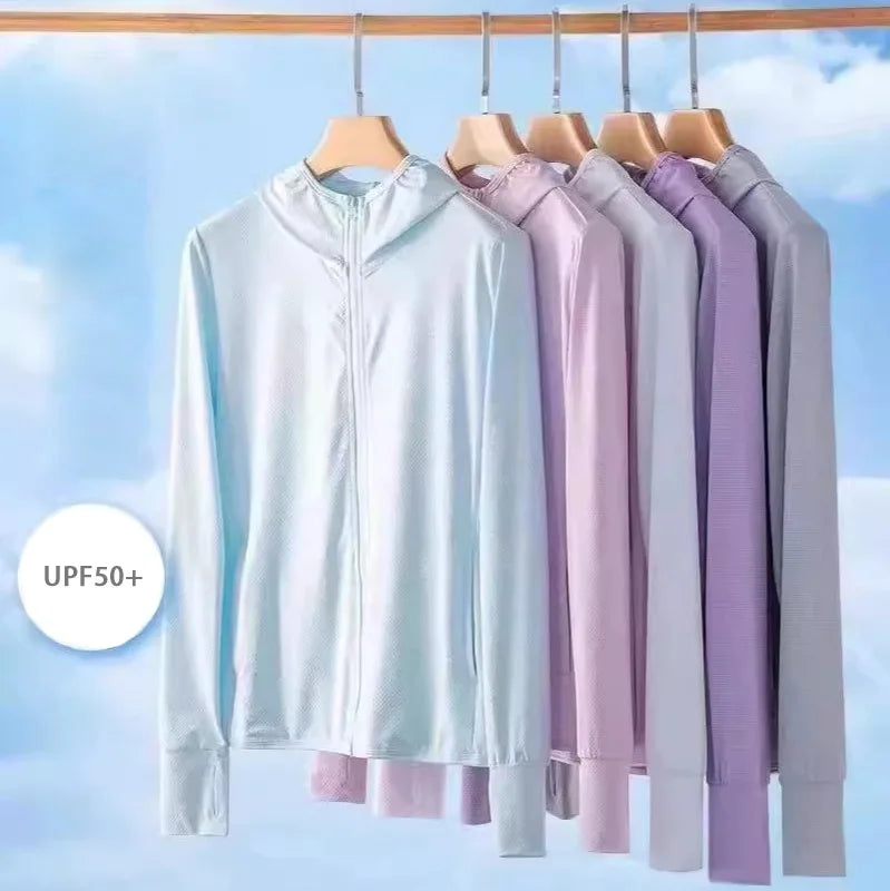 New Solid Hooded Jacket with Zipper Long Sleeve Coat Ice Silk Summer Thin Breathable Cool Feeling Sun protection Clothing