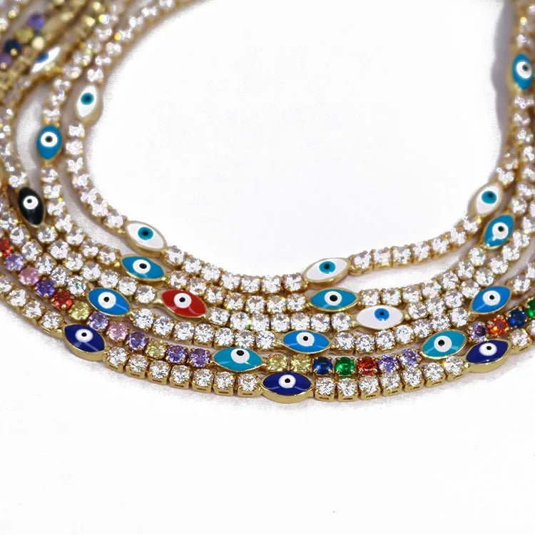 NZ1033 New Chic Dainty Gold Minimalist Cubic Zirconia CZ Diamond with Enameled Evil Eyes Tennis Choker Necklace