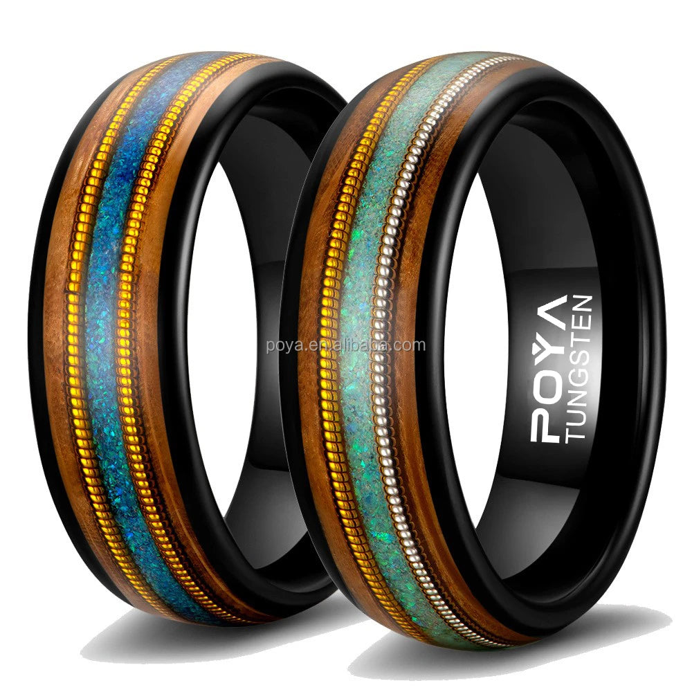 POYA Triple Channel Guitar String Whiskey Barrel Wood Opal Inlay Tungsten Ring 8mm Wedding Band for Men