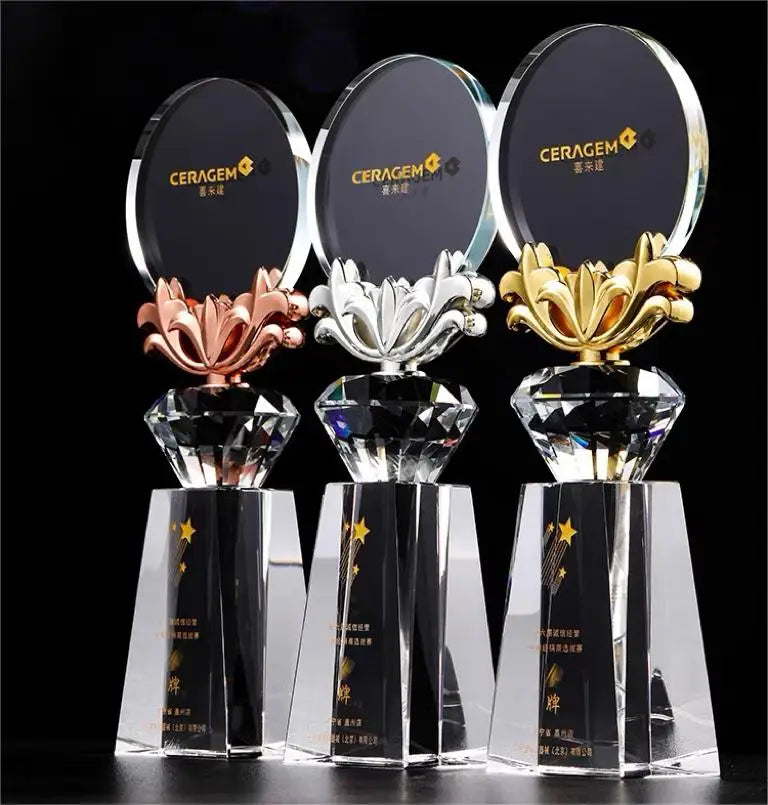 New Design Gold Silver Bronze Metal Flower Crystal Trophy Awards MH-J0607