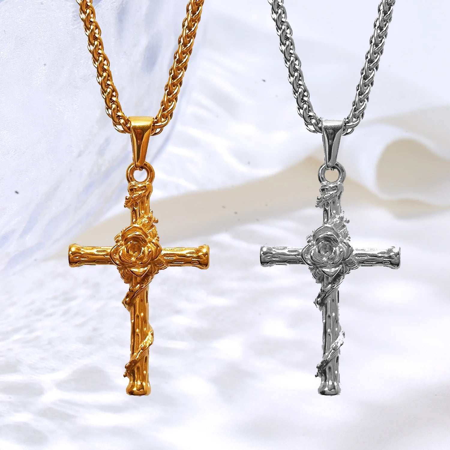 Vintage 46mm Rose Cross Necklace Mens Fashion Jewelry Necklaces Stainless Steel 18k Gold Plated Custom Religious Cross Necklace