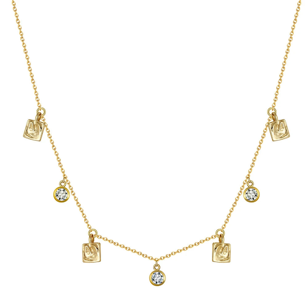 BQN04 RINNTIN New S925 Silver Girl Jewelry 14K Gold Delicate Chain Handcrafted Four Gold Charms Bezel Three CZ Choker Necklace