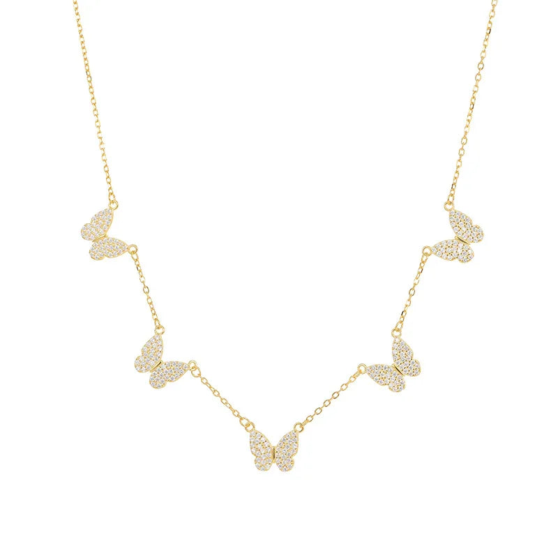 Fashion Fine Jewelry 925 Sterling Silver butterfly Necklaces Five Butterflies Full Diamond Gold Plated Necklaces for Women