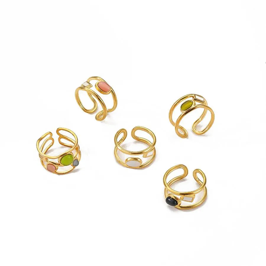 Wholesale 18K Gold Plated Handmade Designer Adjustable Open Rings Stylish Trendy Oval Cut Gemstone Birthstone Stainless Steel