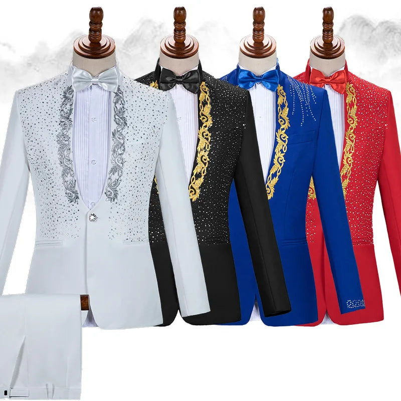 Mens Grooms Weddings Blazer Pants Set 2 Pieces Stand-up Collar Sequin Singer Host Costume Stage Chorus Men's Dress Suit