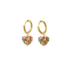 Luxury Gold Plated Stainless Steel Earrings Dangling CZ Mirco Pave Heart Charms Colorful Zircon Hoop Earrings Women Jewelry Gift