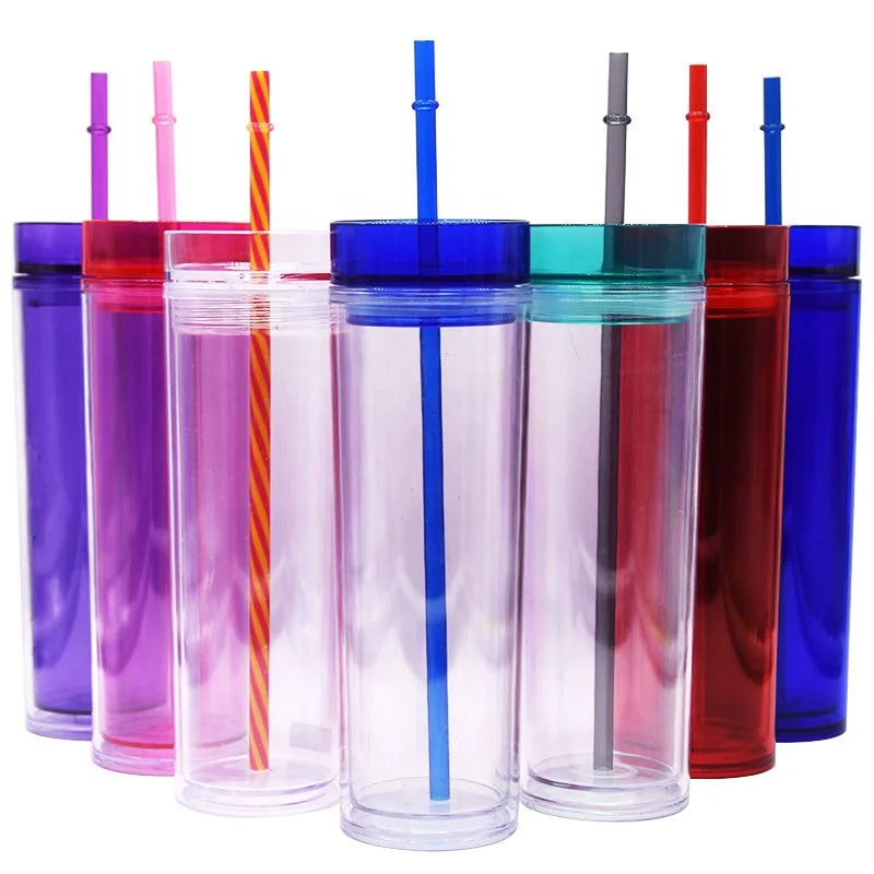 Acrylic Skinny Plastic Tumbler with Straw 16oz Double Wall Acrylic Tumbler Clear Cups Insulated Plastic Water Cup