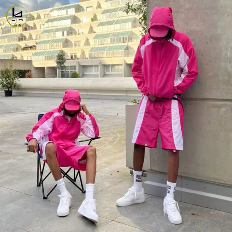 HuiLi Streetwear Men's Lightweight Soft Shell Jacket and Shorts Sport Sets Zip up 100% Nylon Two Piece Windbreaker Tracksuits