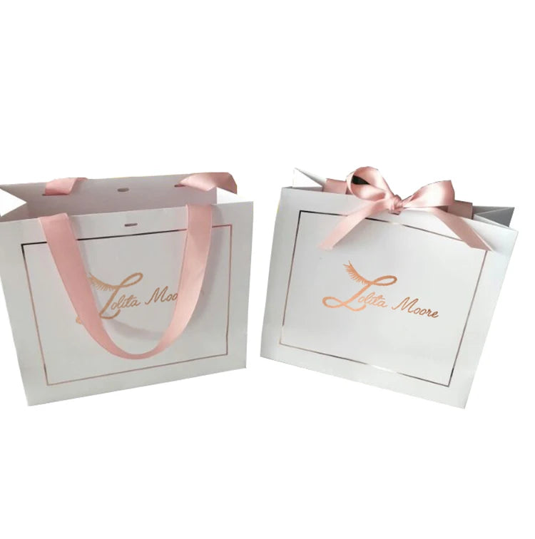 Custom Rose Gold Logo Printed Paper Bag Luxury Ribbon Handle White Paper Gift Bags