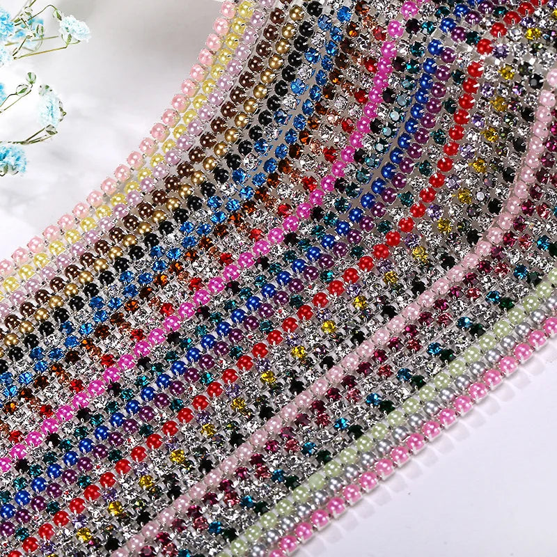 Fashionable Colorful Rhinestone Chain Silver Base Cup Shaped Pearl Claw Chain for Jewelry Making Dress Decoration