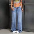 Women's Breathable Denim Baggy Straight Leg Pants Low Waist Wide Legs Fashionable Waist Chain Simple Woven Design Casual Jeans