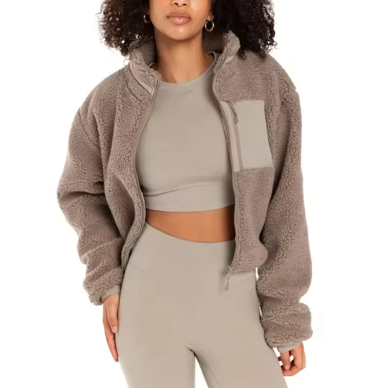 Wholesale Custom Logo Short Zip up Outwear Jackets Winter Sherpa Fleece Jacket Women