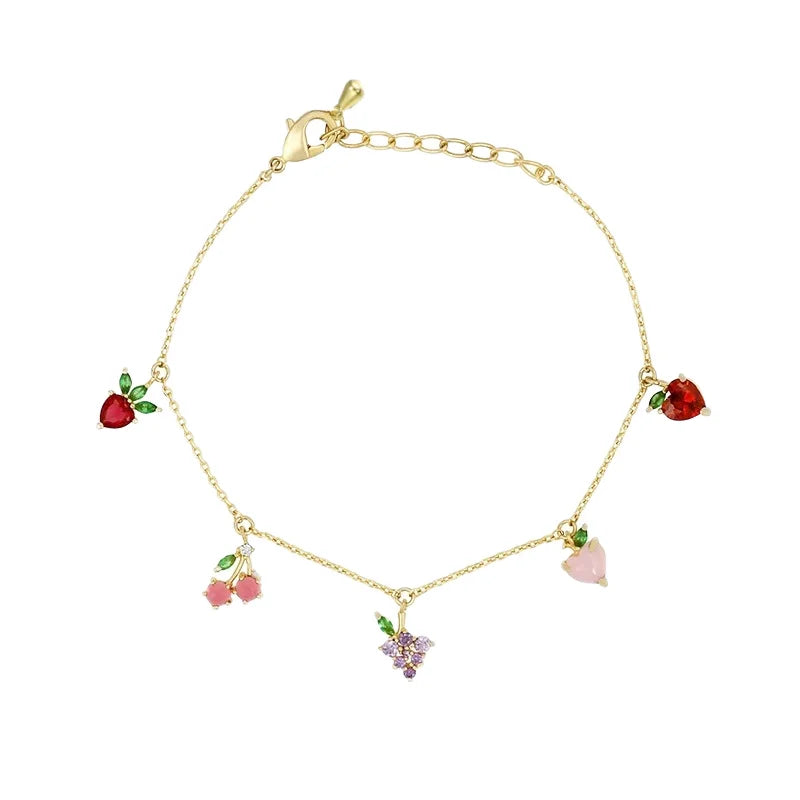 Gold Plated Brass Fruit Charm Bracelet Women Trendy Zircon Cherry Peach Jewelry Cute Fashionable Summer Beach Party Accessories