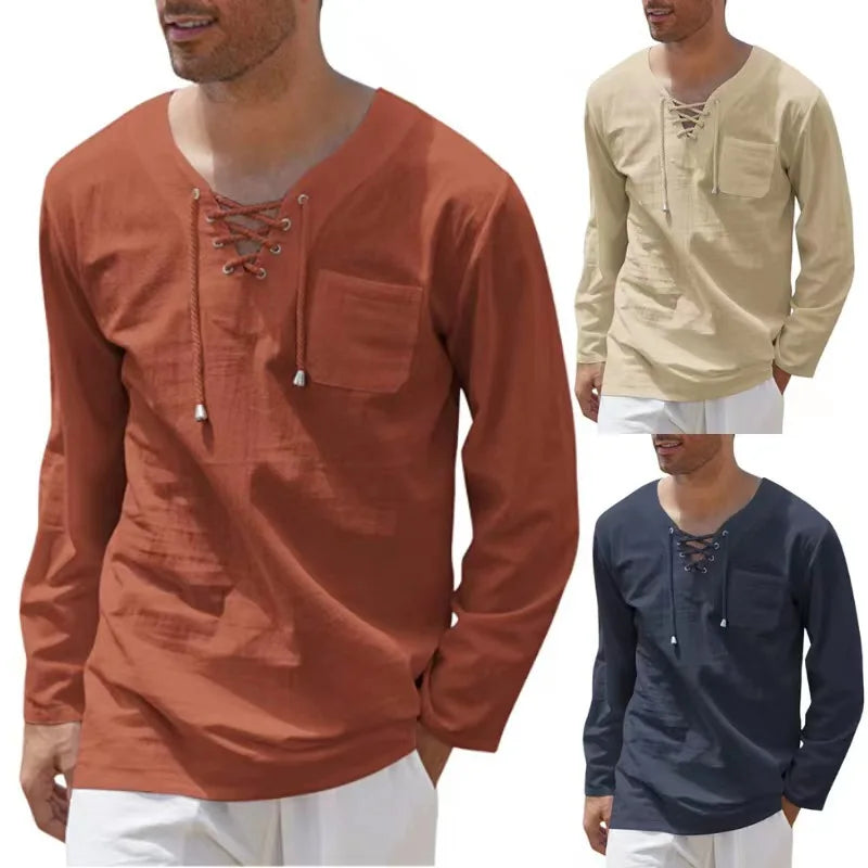 2025 Cotton Linen Fashion Casual Lace up V-Neck Polo Long Sleeve Shirt Men Support Wholesale Customization