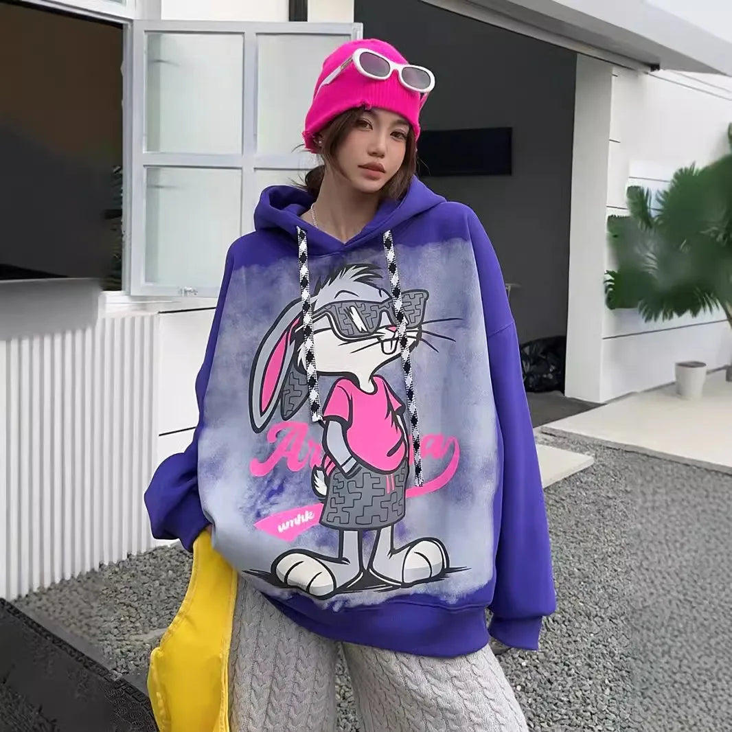 H41087 Bugs Bunny Graffiti Plus Fleece Hoodie Women Design Fashion Large Version of Relaxed Casual Hoodie