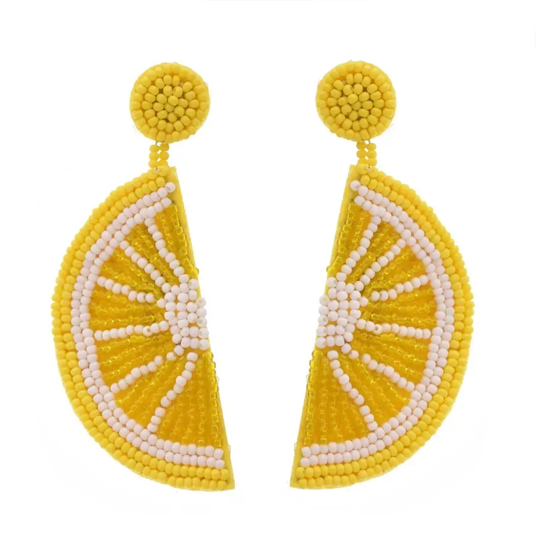 Beaded Fruit Dangle Earrings Orange Lemon Dangle Earrings Handmade Statement Earrings