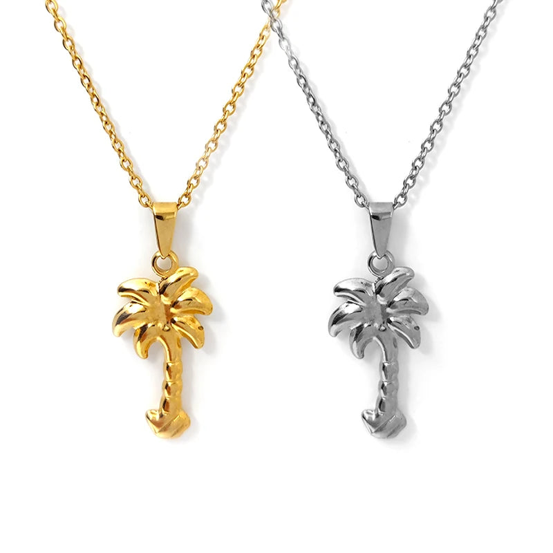 Waterproof Trendy 18K Gold Plated Stainless Steel Coconut Palm Tree Beach Pendant Necklace Jewelry Women Daily Life MSPN-0009