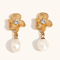 Large Dangle Pearl Earring Non Fading Stainless Steel 18k Gold Plated Zircon Flower Freshwater Pearl Stud Earrings